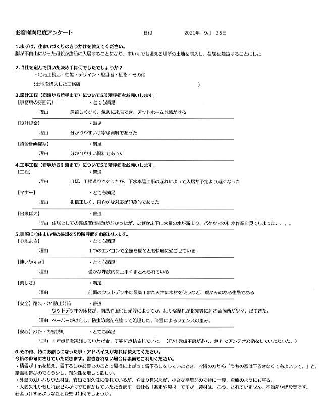 分譲地を購入し、小さな平屋を建てられたお客様のアンケート